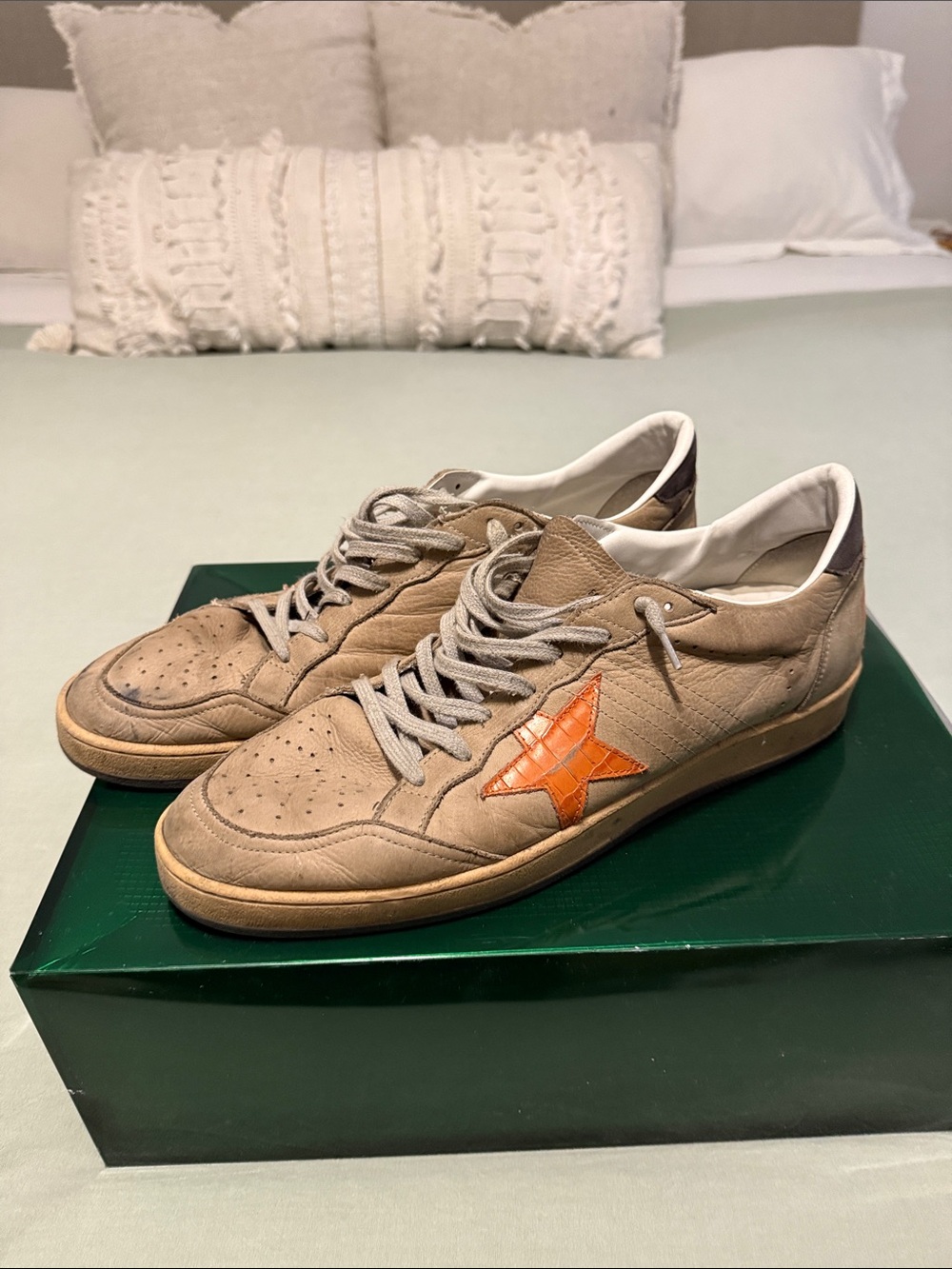 Men's Leather Golden Goose Casual Sneakers in Tan with Orange Star Accent